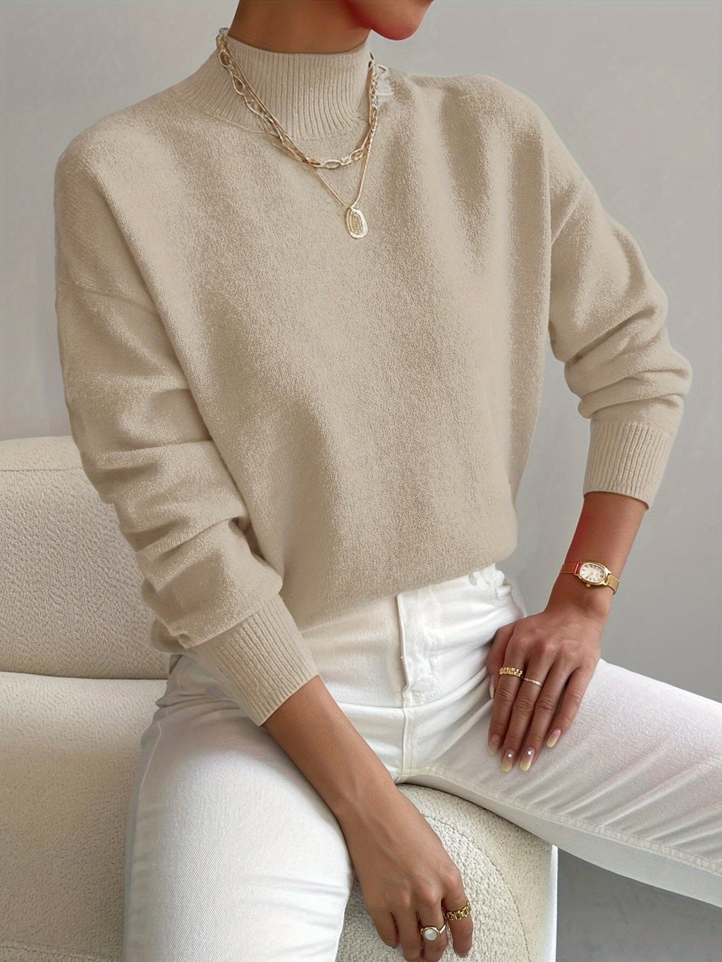 Women's Mock Turtleneck Sweater Relaxed Fit Long Sleeve Pullover Casual Winter Knit - Lolly 