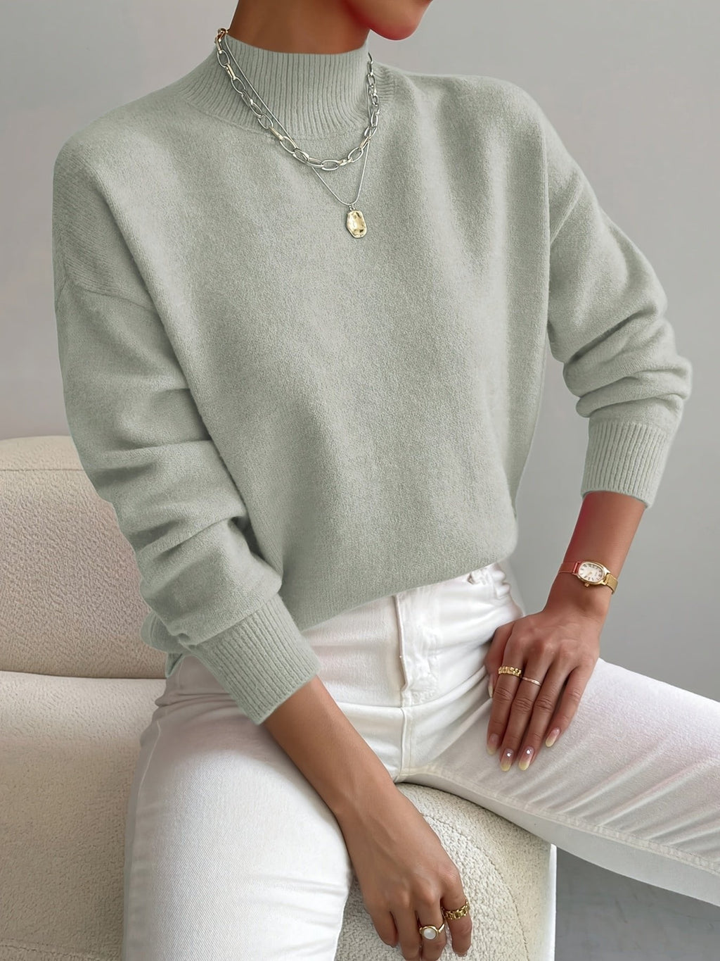 Women's Mock Turtleneck Sweater Relaxed Fit Long Sleeve Pullover Casual Winter Knit - Lolly 
