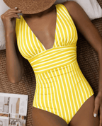Women's Modern Striped One-Piece Swimsuit Plunge V-Neck Sculpting Waist Stretch Beach Summer Swimwear - Lolly 