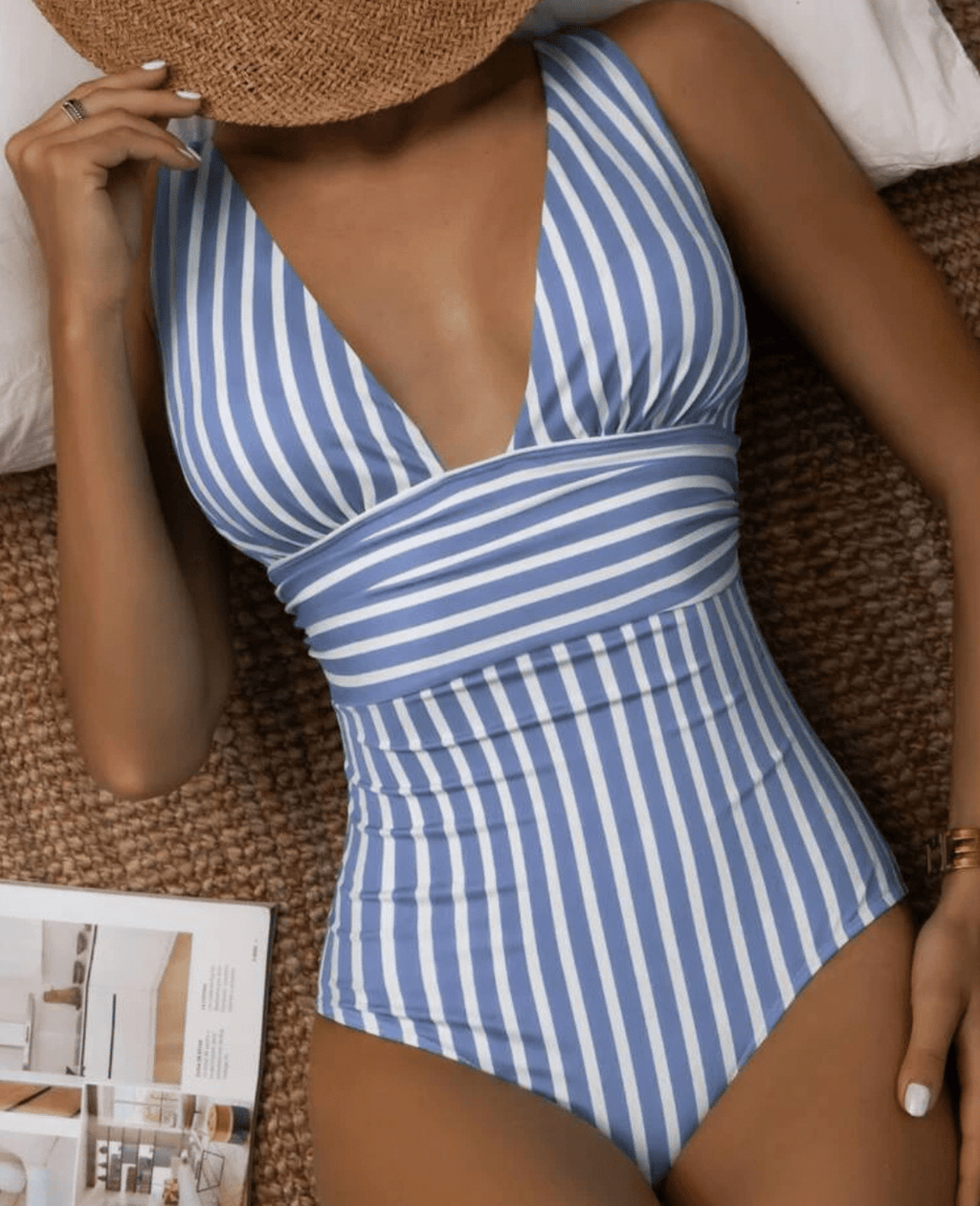 Women's Modern Striped One-Piece Swimsuit Plunge V-Neck Sculpting Waist Stretch Beach Summer Swimwear - Lolly 