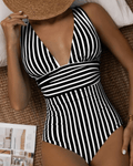 Women's Modern Striped One-Piece Swimsuit Plunge V-Neck Sculpting Waist Stretch Beach Summer Swimwear - Lolly 
