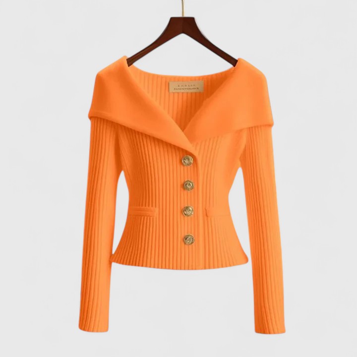 Women's Off-Shoulder Button-Up Ribbed Knit Cardigan Sweater Sculpted Fit Casual Work Office Date Night Evening Smart – Vivienne - Lolly 