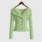 Women's Off-Shoulder Button-Up Ribbed Knit Cardigan Sweater Sculpted Fit Casual Work Office Date Night Evening Smart – Vivienne - Lolly 