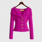 Women's Off-Shoulder Button-Up Ribbed Knit Cardigan Sweater Sculpted Fit Casual Work Office Date Night Evening Smart – Vivienne - Lolly 