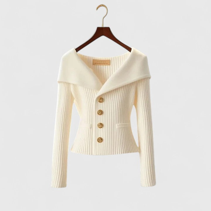 Women's Off-Shoulder Button-Up Ribbed Knit Cardigan Sweater Sculpted Fit Casual Work Office Date Night Evening Smart – Vivienne - Lolly 