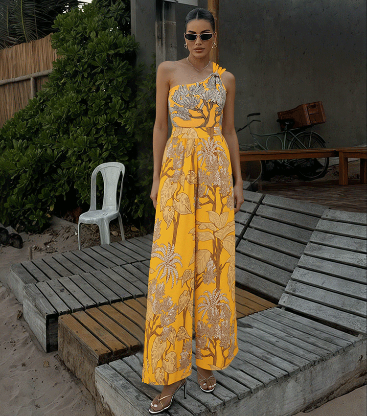 Women's One-Shoulder Floral Printed One-Piece Swimsuit & Long Skirt Set Beach Vacation Pool Party Resort Tropical Summer – Yellow - Lolly 