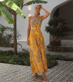 Women's One-Shoulder Floral Printed One-Piece Swimsuit & Long Skirt Set Beach Vacation Pool Party Resort Tropical Summer – Yellow - Lolly 