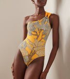 Women's One-Shoulder Floral Printed One-Piece Swimsuit & Long Skirt Set Beach Vacation Pool Party Resort Tropical Summer – Yellow - Lolly 