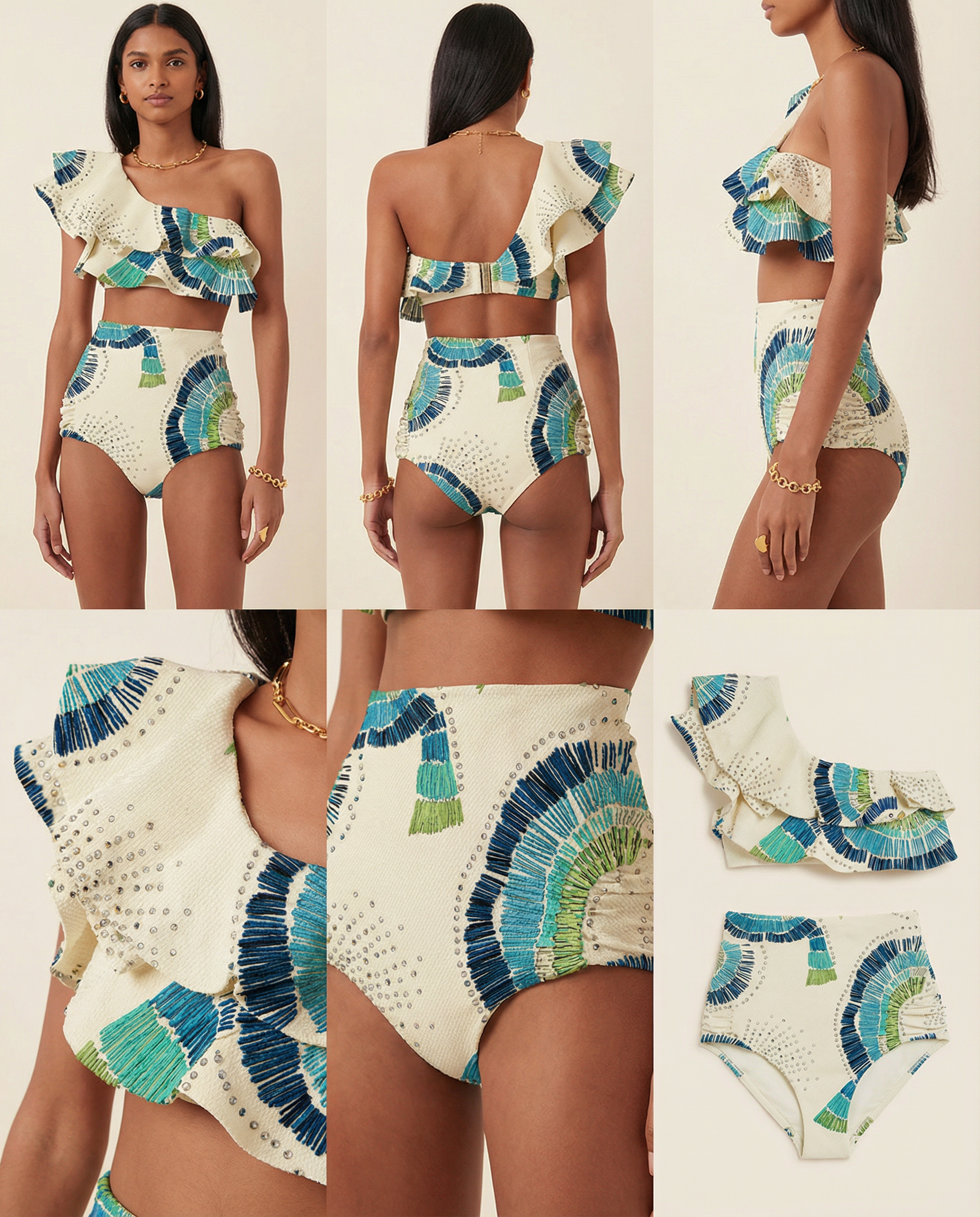 Women's One-Shoulder High-Waist Bikini Set Ruffle Embellished Tropical Print Beach Vacation Resort Summer – Blue Green Cream - Lolly 