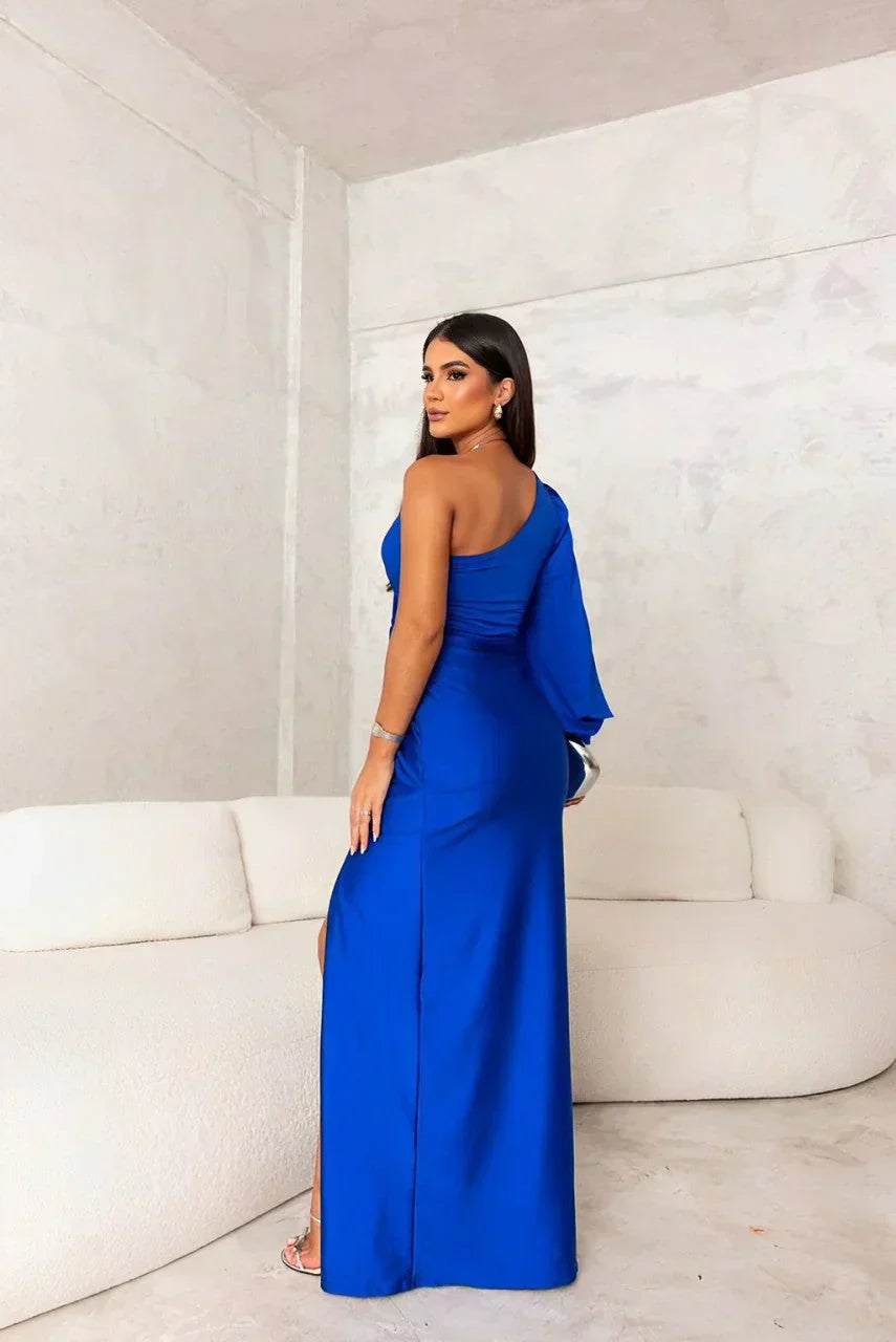 Women's One Shoulder Long Dress Flowing Sleeve Side Slit Formal Wedding Guest Party Elegant – Helen - Lolly 