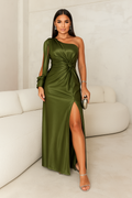 Women's One Shoulder Long Dress Flowing Sleeve Side Slit Formal Wedding Guest Party Elegant – Helen - Lolly 