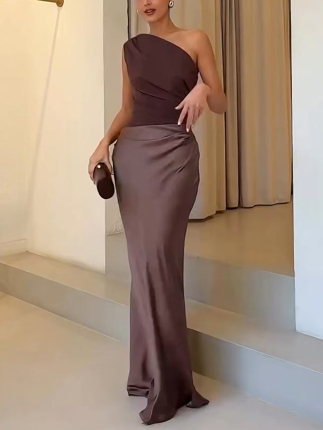 Women's One Shoulder Pleated Satin Long Dress Elegant Formal Wedding Guest Party Evening – Anita - Lolly 