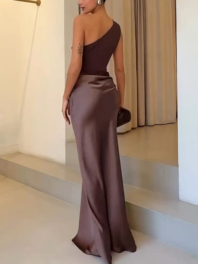 Women's One Shoulder Pleated Satin Long Dress Elegant Formal Wedding Guest Party Evening – Anita - Lolly 