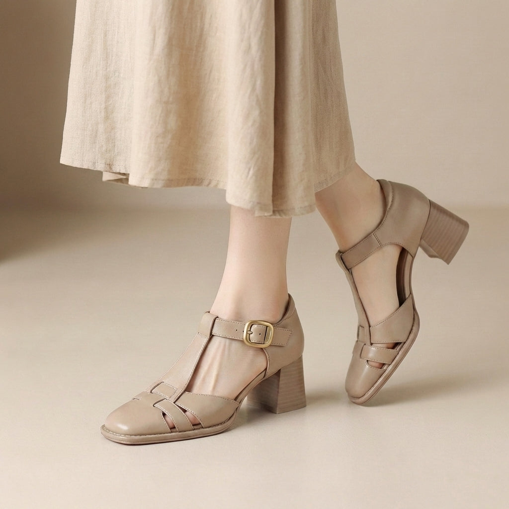 Women's Orthopedic Chunky Heel T-Strap Sandals Buckle Closed Toe Casual Formal Summer Shoes – Ashley - Lolly 