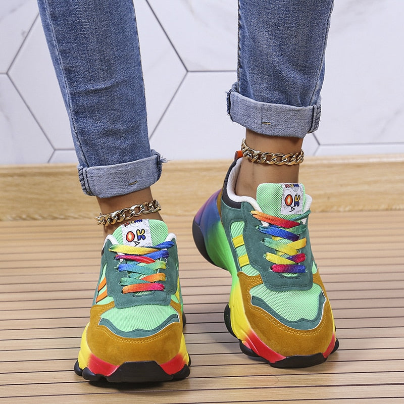 Women's Orthopedic Rainbow Chunky Sneakers Colorful Lace-Up Arch Support Casual Everyday Shoes – Marley - Lolly 