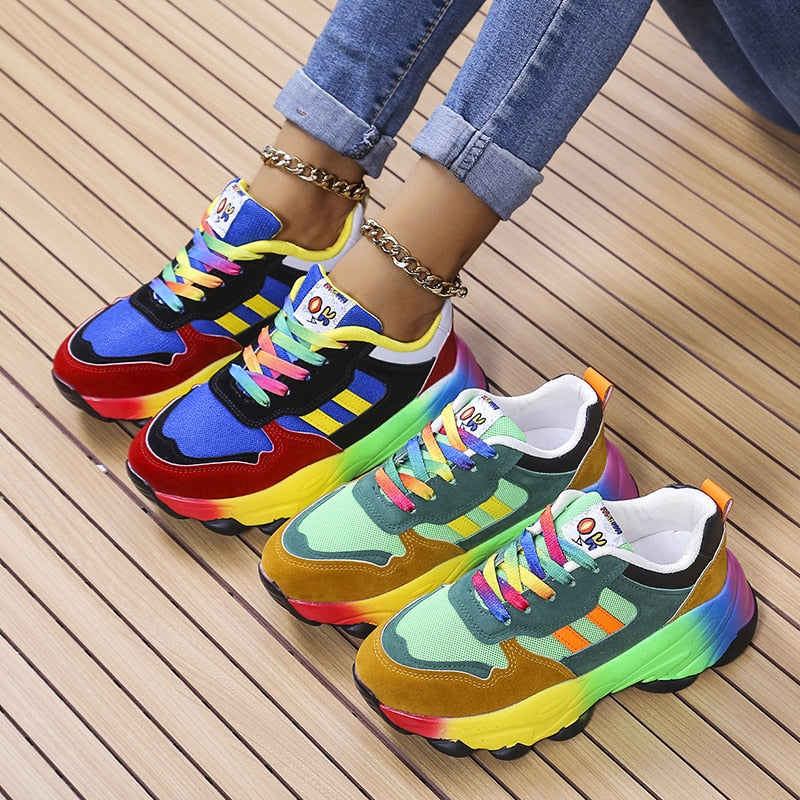 Women's Orthopedic Rainbow Chunky Sneakers Colorful Lace-Up Arch Support Casual Everyday Shoes – Marley - Lolly 