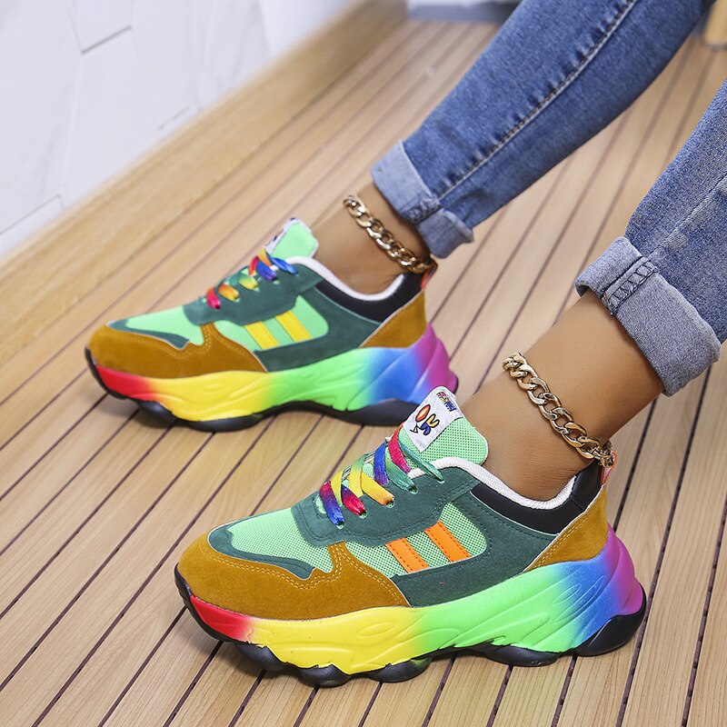 Women's Orthopedic Rainbow Chunky Sneakers Colorful Lace-Up Arch Support Casual Everyday Shoes – Marley - Lolly 