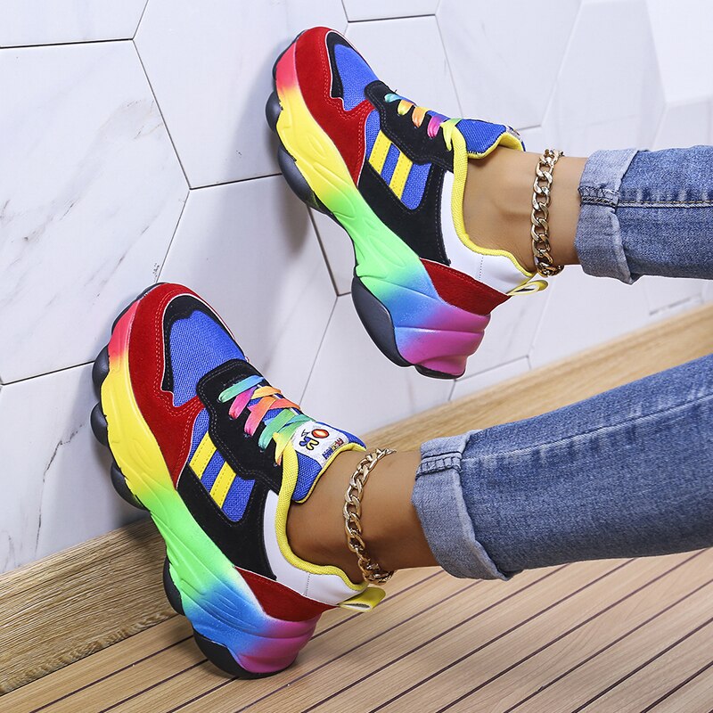 Women's Orthopedic Rainbow Chunky Sneakers Colorful Lace-Up Arch Support Casual Everyday Shoes – Marley - Lolly 