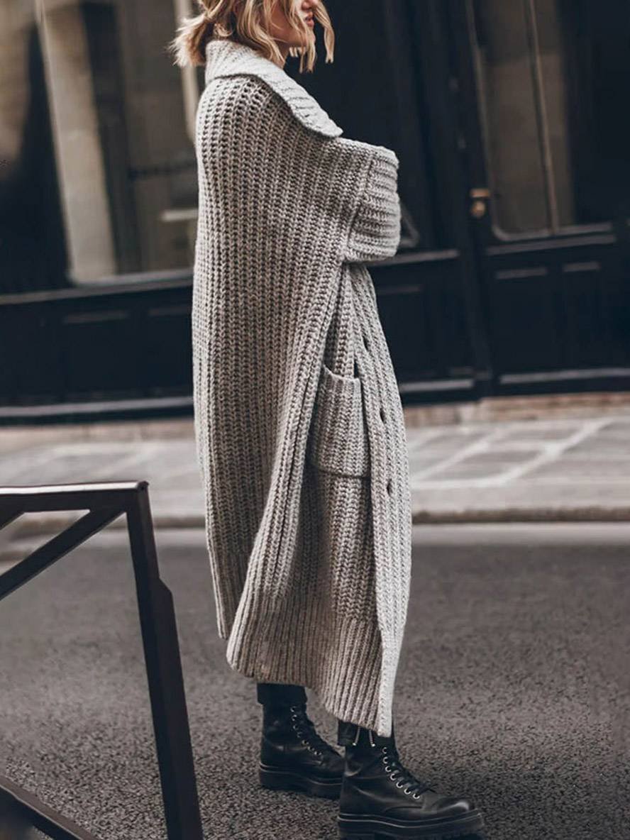 Women's Oversized Chunky Knit Longline Cardigan Drop Shoulder Lapel Winter Layering - Lolly 
