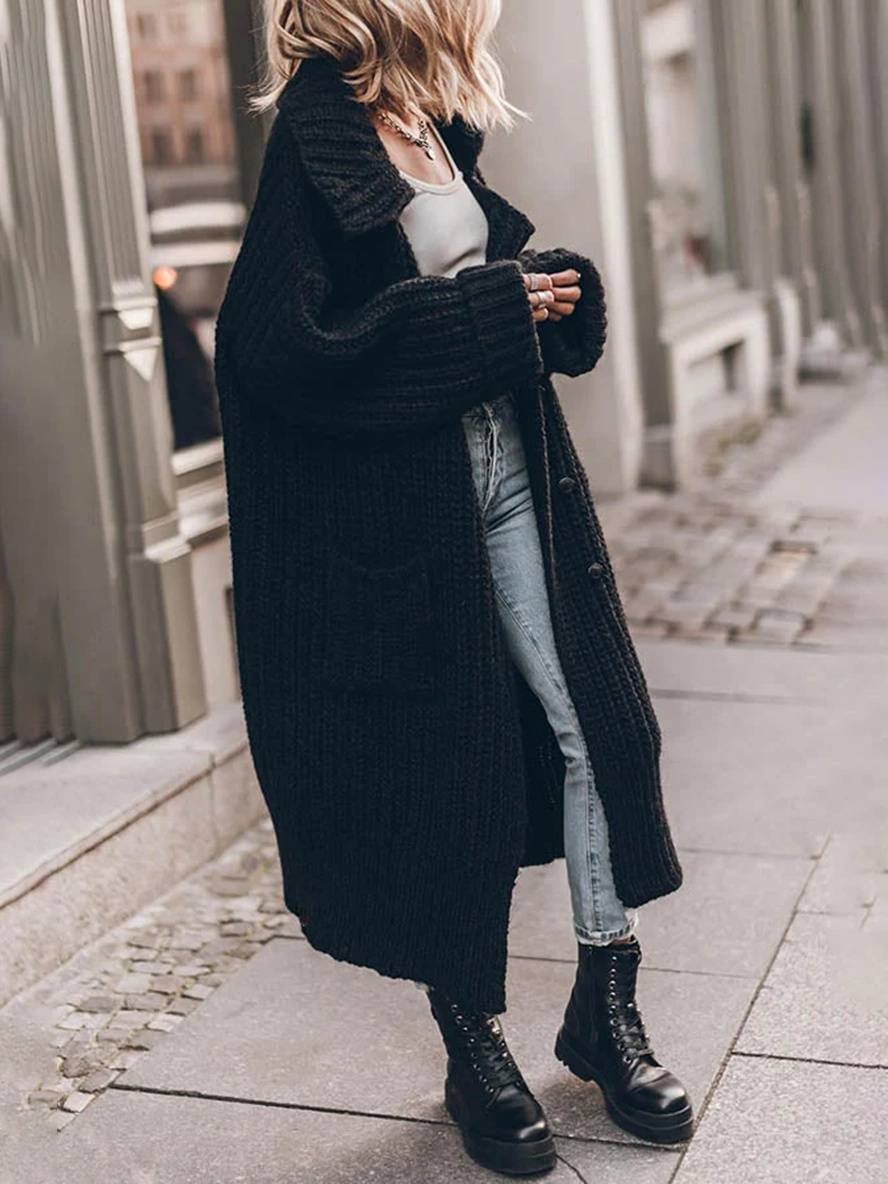 Women's Oversized Chunky Knit Longline Cardigan Drop Shoulder Lapel Winter Layering - Lolly 
