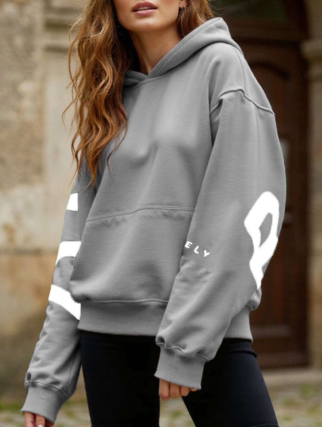Women's Oversized Graphic Letter Hoodie Casual Streetwear Everyday Cozy Loose Fit Pullover Sweatshirt – Blue Grey - Lolly 