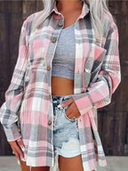 Women's Oversized Plaid Flannel Shirt Open-Front Cardigan Long Sleeve Casual Layering - Lolly 