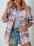 Women's Oversized Plaid Flannel Shirt Open-Front Cardigan Long Sleeve Casual Layering - Lolly 