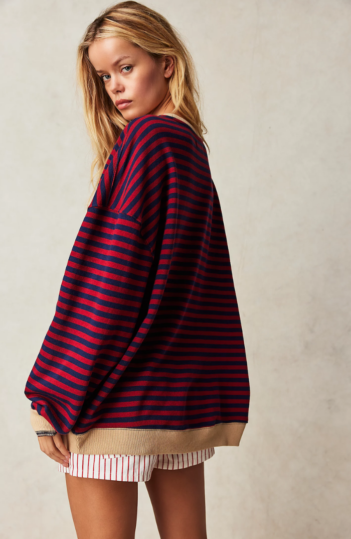 Women's Oversized Striped Sweatshirt Drop Shoulder Contrast Neon Trim Casual Pullover - Lolly 
