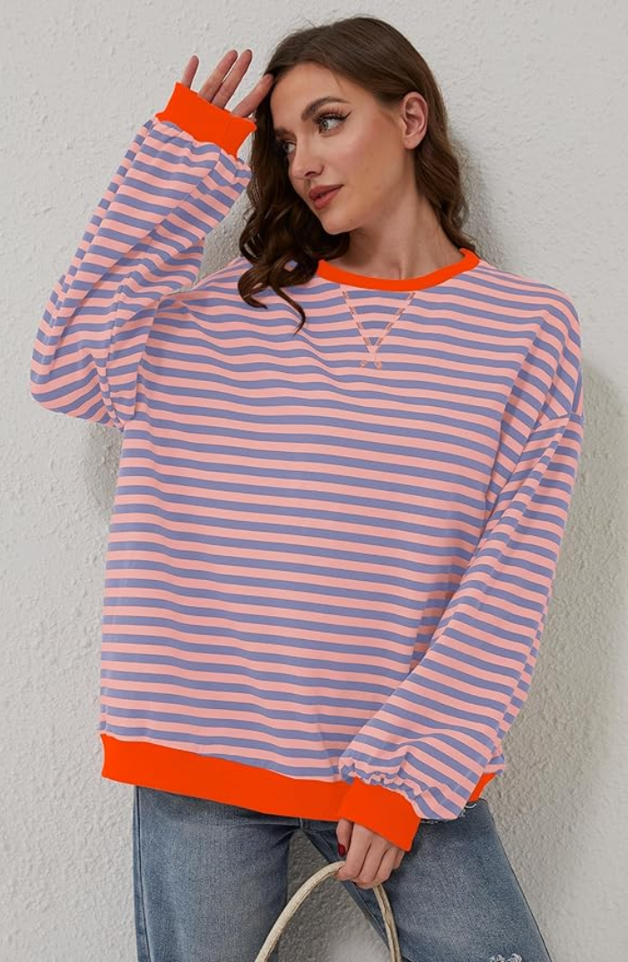 Women's Oversized Striped Sweatshirt Drop Shoulder Contrast Neon Trim Casual Pullover - Lolly 