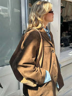 Women's Oversized Suede Blazer Jacket Casual Fall Outerwear - Lolly 