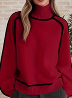 Women's Oversized Turtleneck Colorblock Knit Sweater Casual Winter Pullover - Lolly 