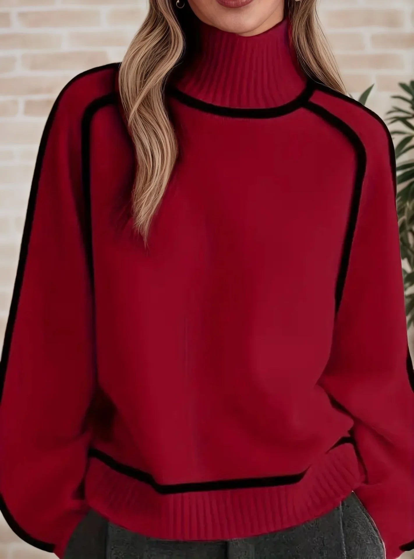 Women's Oversized Turtleneck Colorblock Knit Sweater Casual Winter Pullover - Lolly 