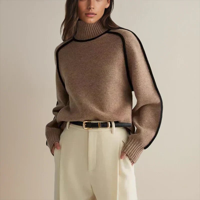 Women's Oversized Turtleneck Colorblock Knit Sweater Casual Winter Pullover - Lolly 