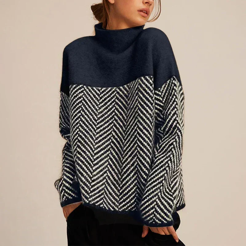 Women's Oversized Turtleneck Sweater Chevron Knit Pullover Casual Winter - Lolly 