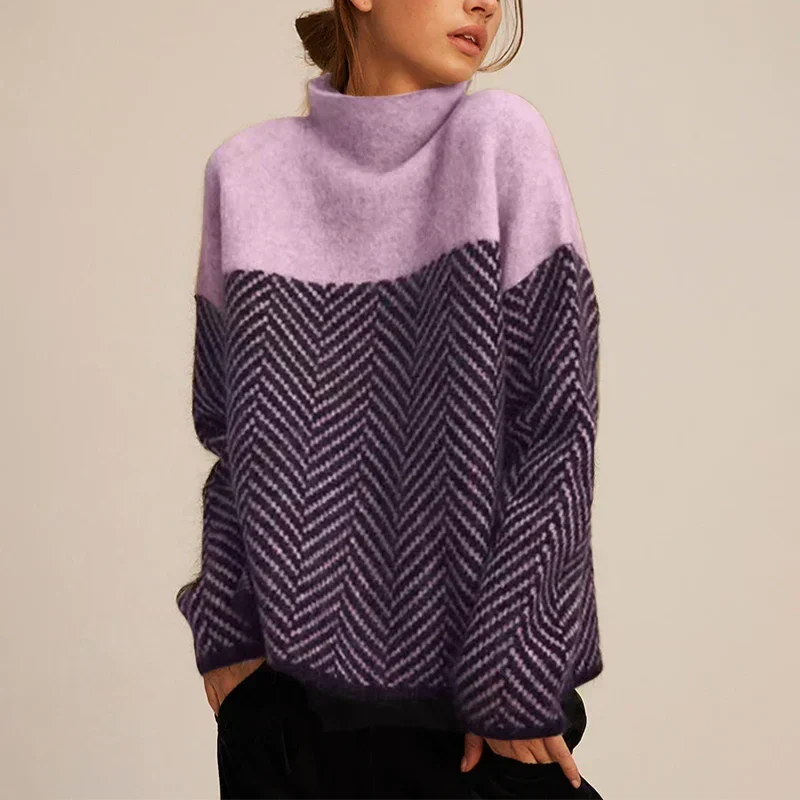 Women's Oversized Turtleneck Sweater Chevron Knit Pullover Casual Winter - Lolly 