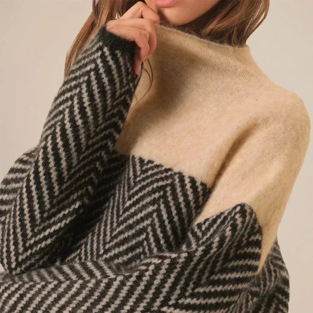 Women's Oversized Turtleneck Sweater Chevron Knit Pullover Casual Winter - Lolly 
