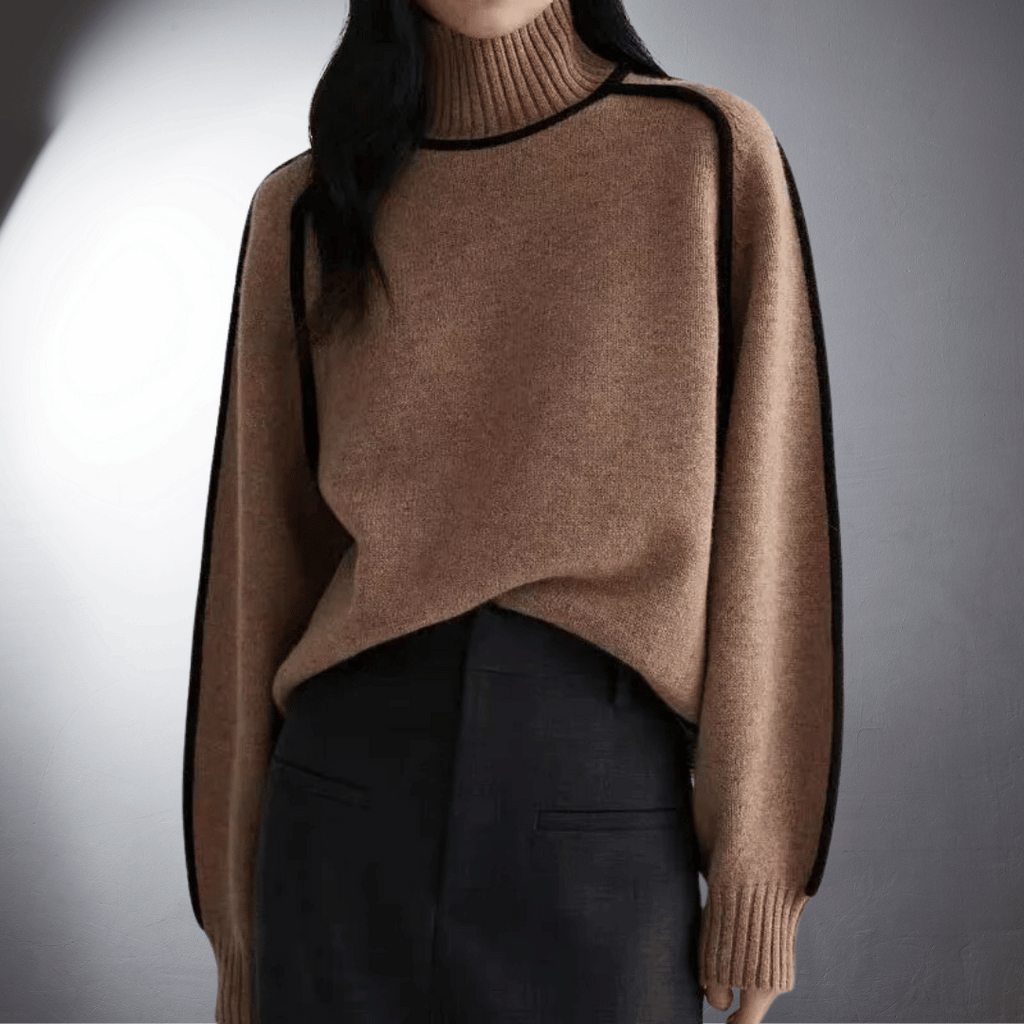 Women's Oversized Turtleneck Sweater Contrast Trim Knit Pullover Casual Winter - Lolly 
