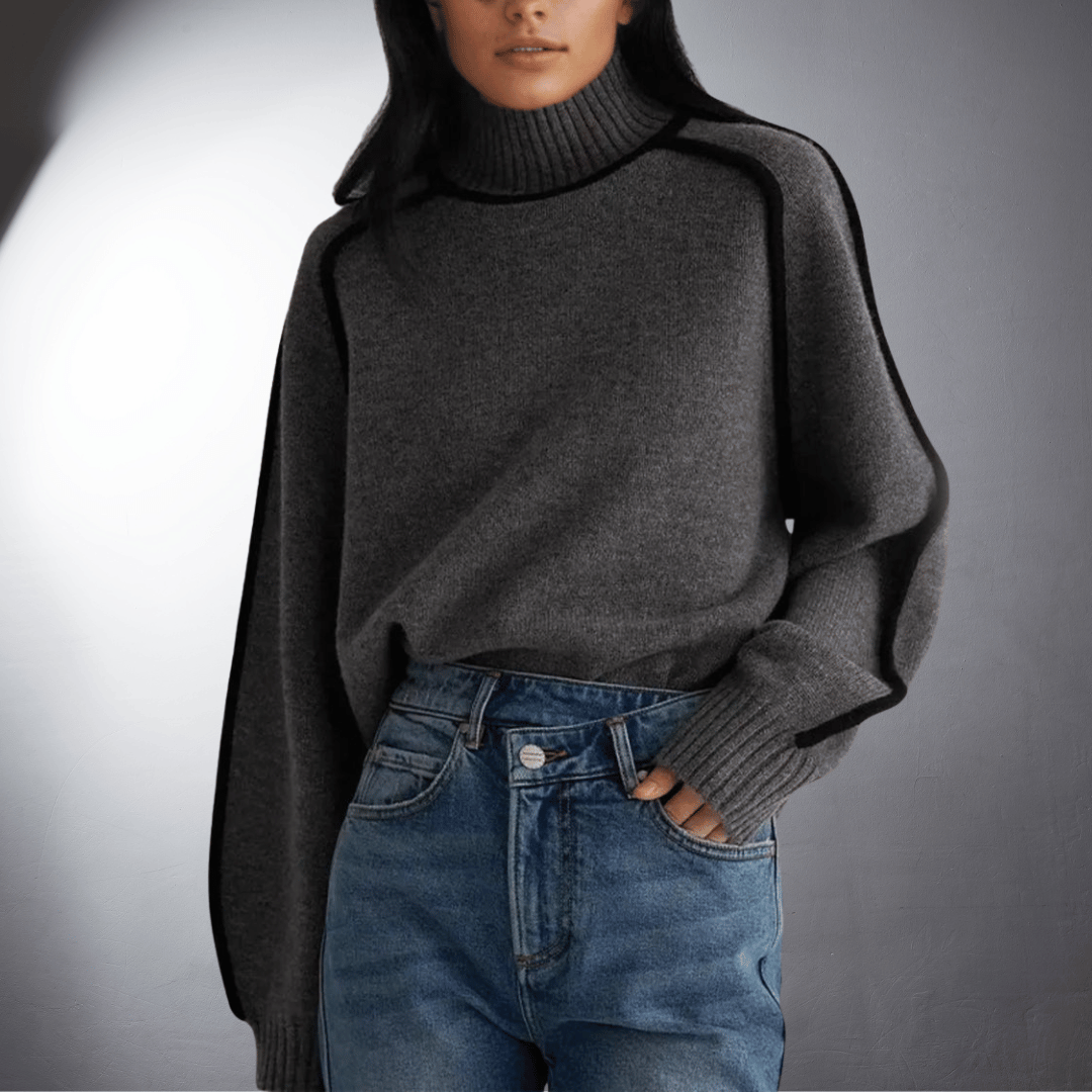 Women's Oversized Turtleneck Sweater Contrast Trim Knit Pullover Casual Winter - Lolly 