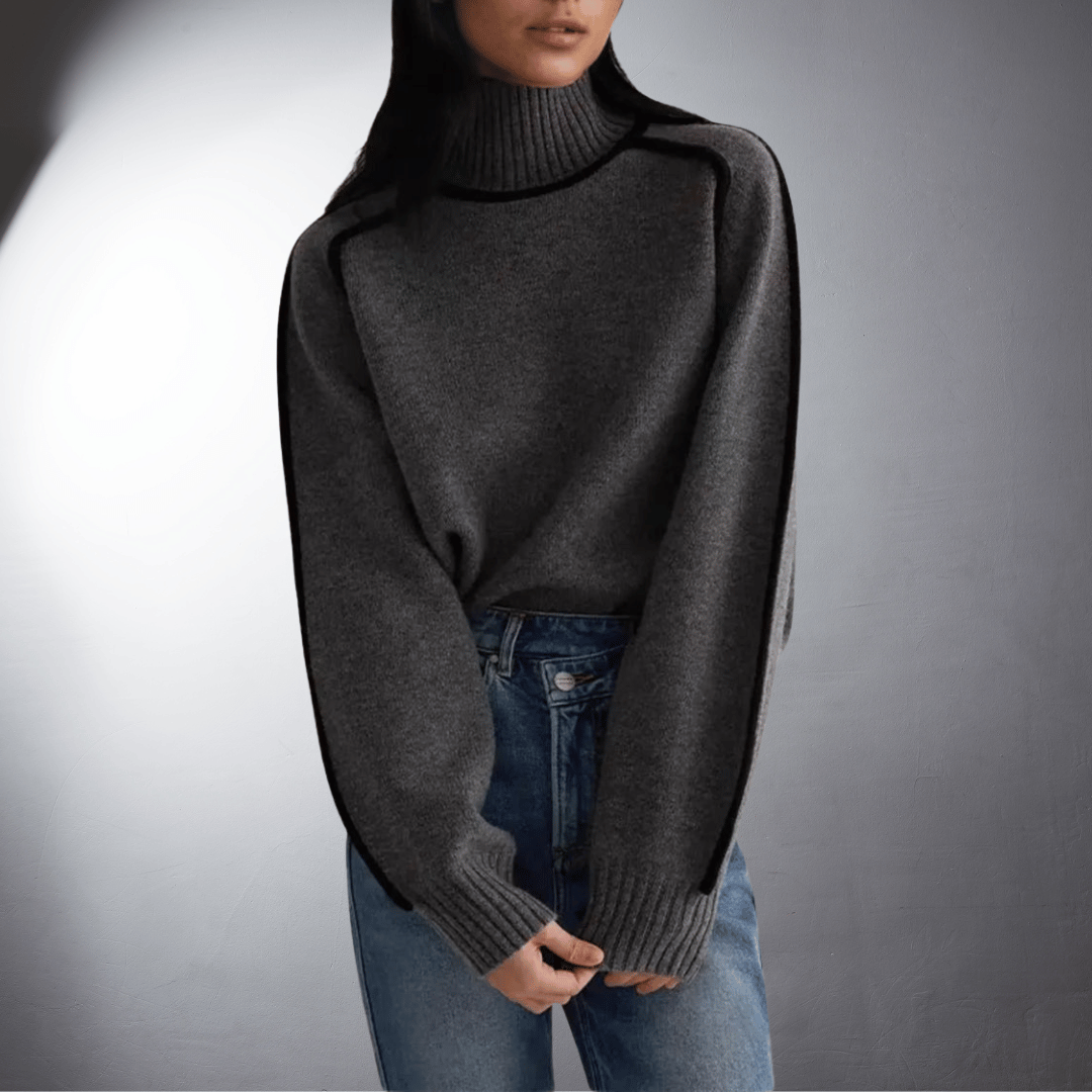 Women's Oversized Turtleneck Sweater Contrast Trim Knit Pullover Casual Winter - Lolly 