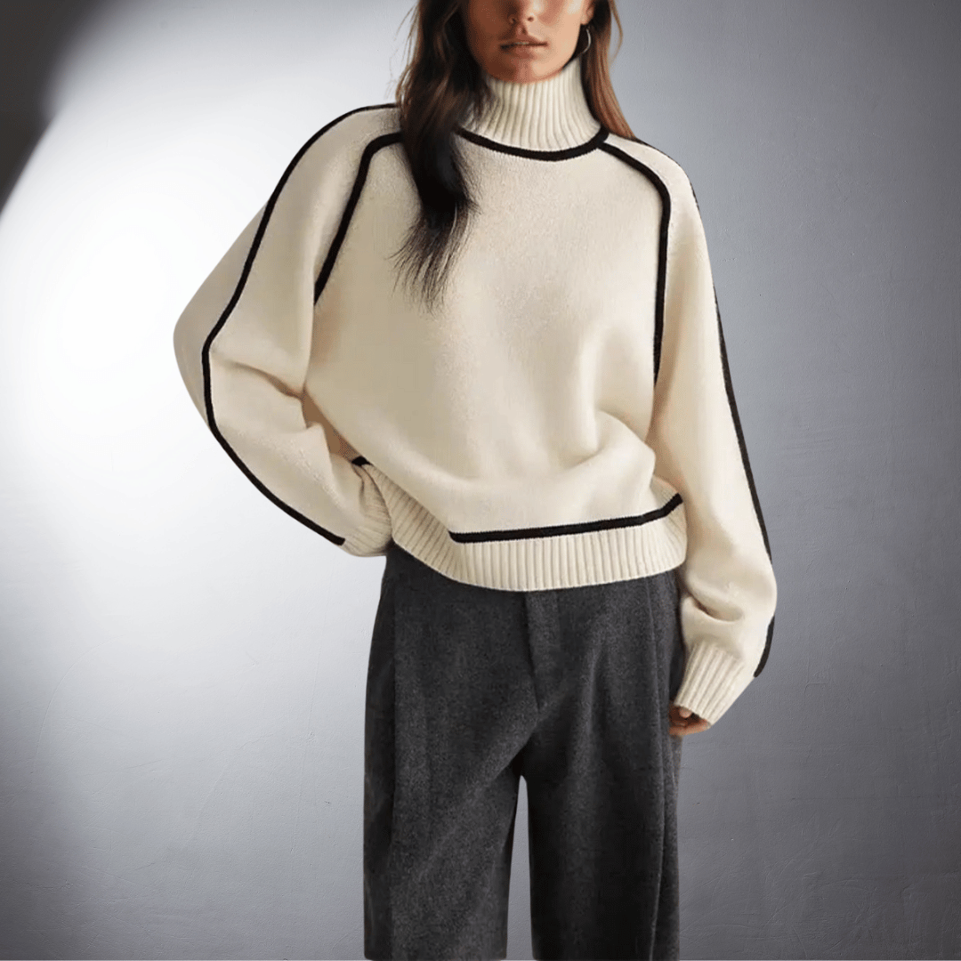 Women's Oversized Turtleneck Sweater Contrast Trim Knit Pullover Casual Winter - Lolly 