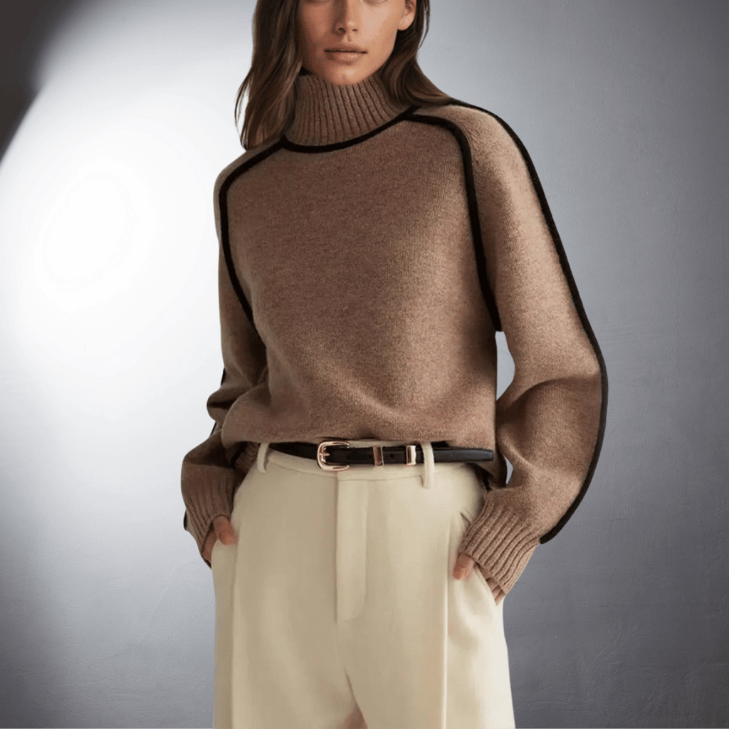 Women's Oversized Turtleneck Sweater Contrast Trim Knit Pullover Casual Winter - Lolly 