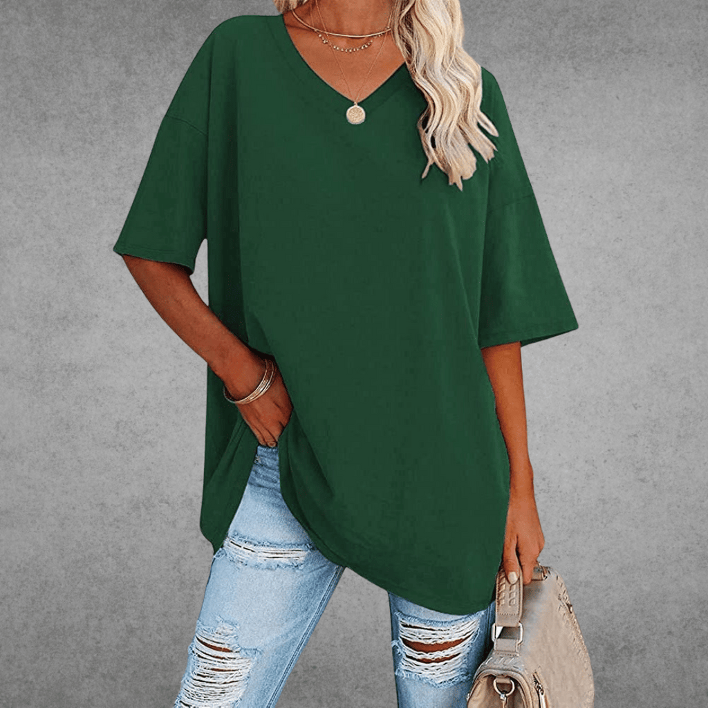 Women's Oversized V-Neck T-Shirt Casual Everyday Relaxed Fit Short Sleeve Comfortable Basic Tee – Kate - Lolly 