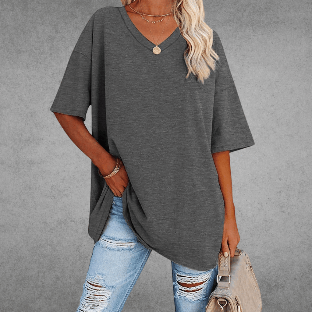 Women's Oversized V-Neck T-Shirt Casual Everyday Relaxed Fit Short Sleeve Comfortable Basic Tee – Kate - Lolly 