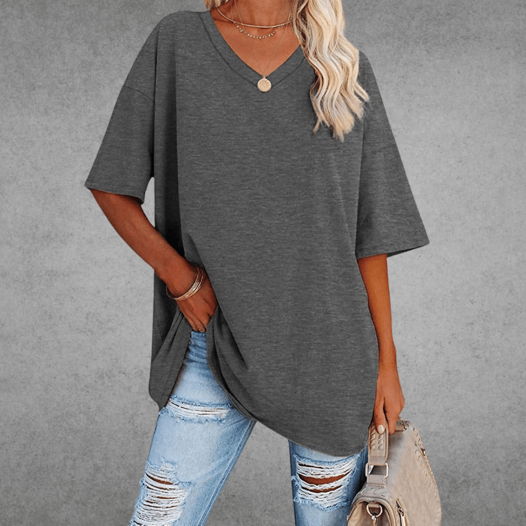 Women's Oversized V-Neck T-Shirt Casual Everyday Relaxed Fit Short Sleeve Comfortable Basic Tee – Kate - Lolly 