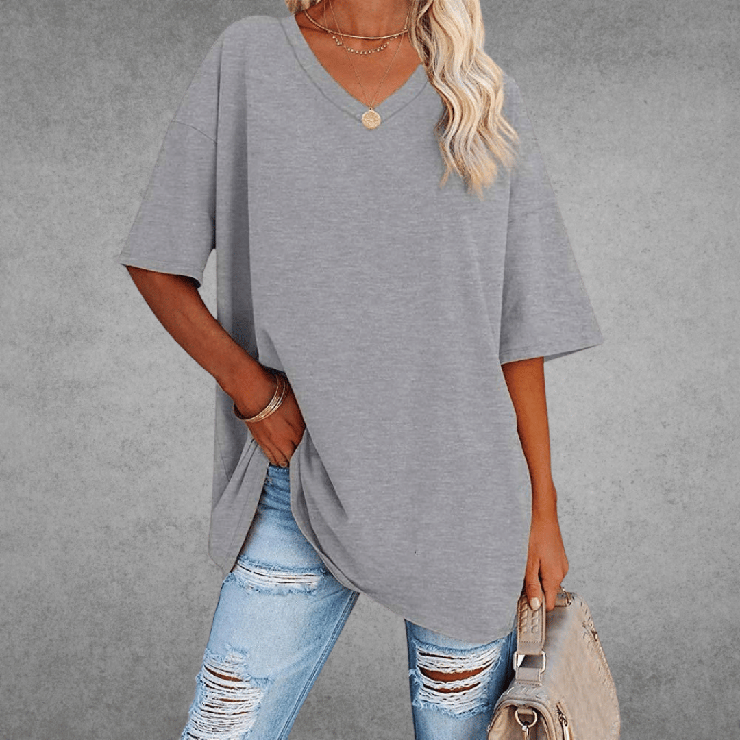 Women's Oversized V-Neck T-Shirt Casual Everyday Relaxed Fit Short Sleeve Comfortable Basic Tee – Kate - Lolly 