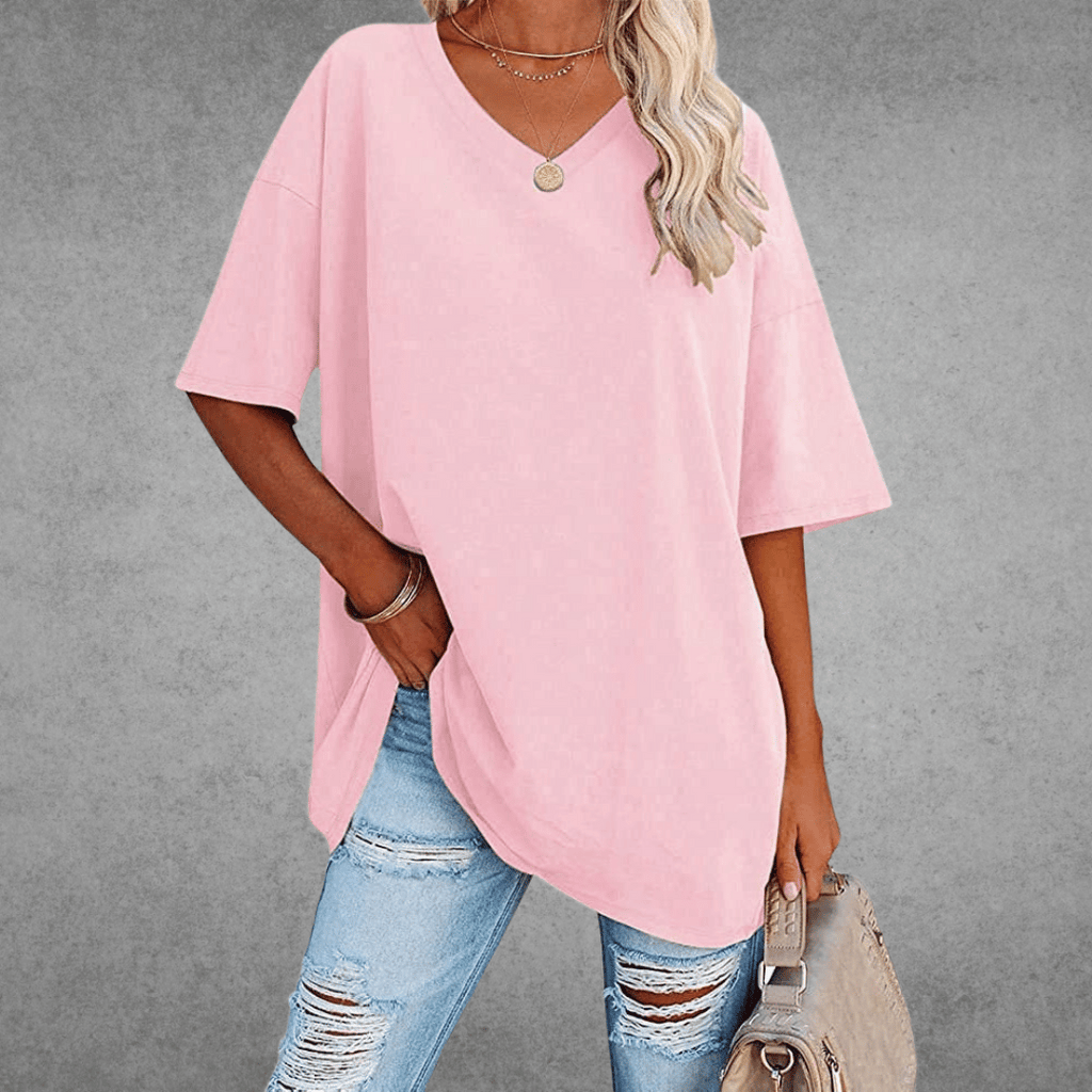 Women's Oversized V-Neck T-Shirt Casual Everyday Relaxed Fit Short Sleeve Comfortable Basic Tee – Kate - Lolly 