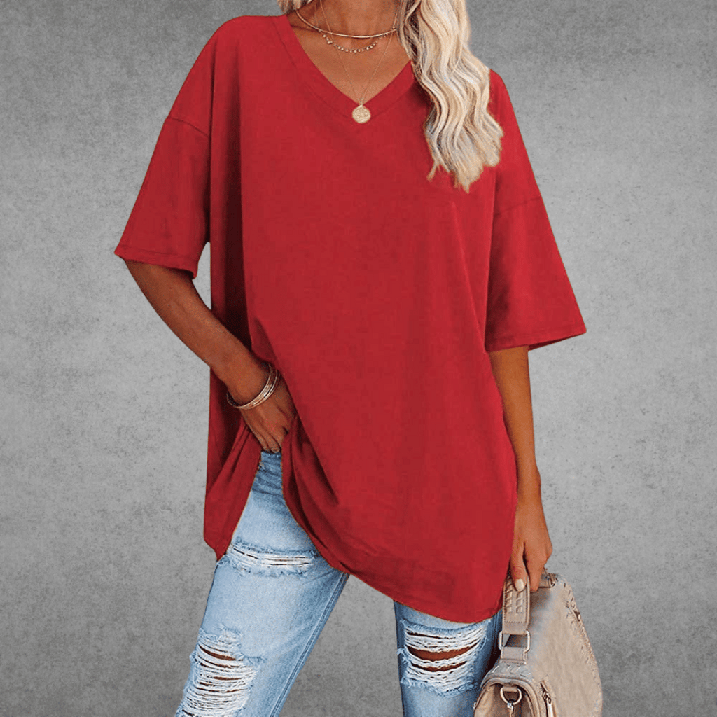 Women's Oversized V-Neck T-Shirt Casual Everyday Relaxed Fit Short Sleeve Comfortable Basic Tee – Kate - Lolly 