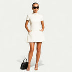 Women's Pearl Trim Mini Dress Short Sleeve Above-the-Knee Formal Chic Date Night Party Work Office Everyday – WhyRose - Lolly 