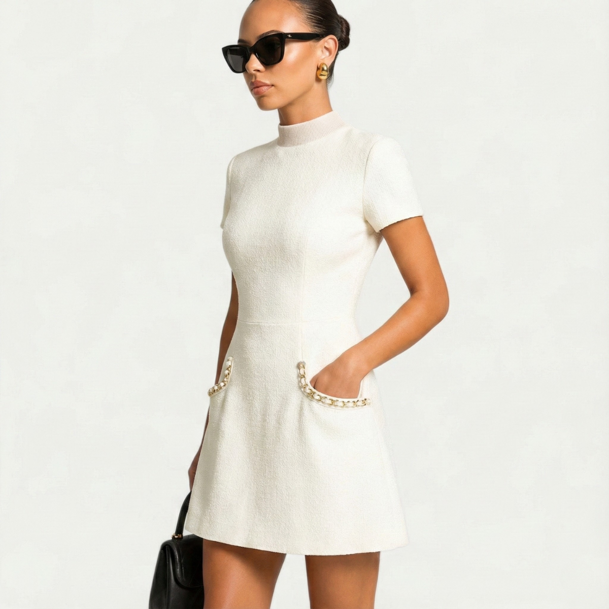 Women's Pearl Trim Mini Dress Short Sleeve Above-the-Knee Formal Chic Date Night Party Work Office Everyday – WhyRose - Lolly 