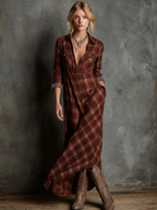 Women's Plaid Lapel Single-Breasted Shirt Long Dress Long Sleeve Casual Elegant – Green Tartan - Lolly 